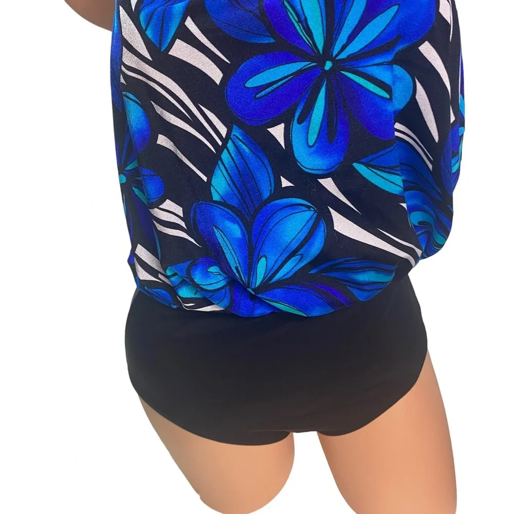 Vtg Inches Away Slimming Swimsuit Size‎ 8 one Piece Blouson 96063 Blue flower